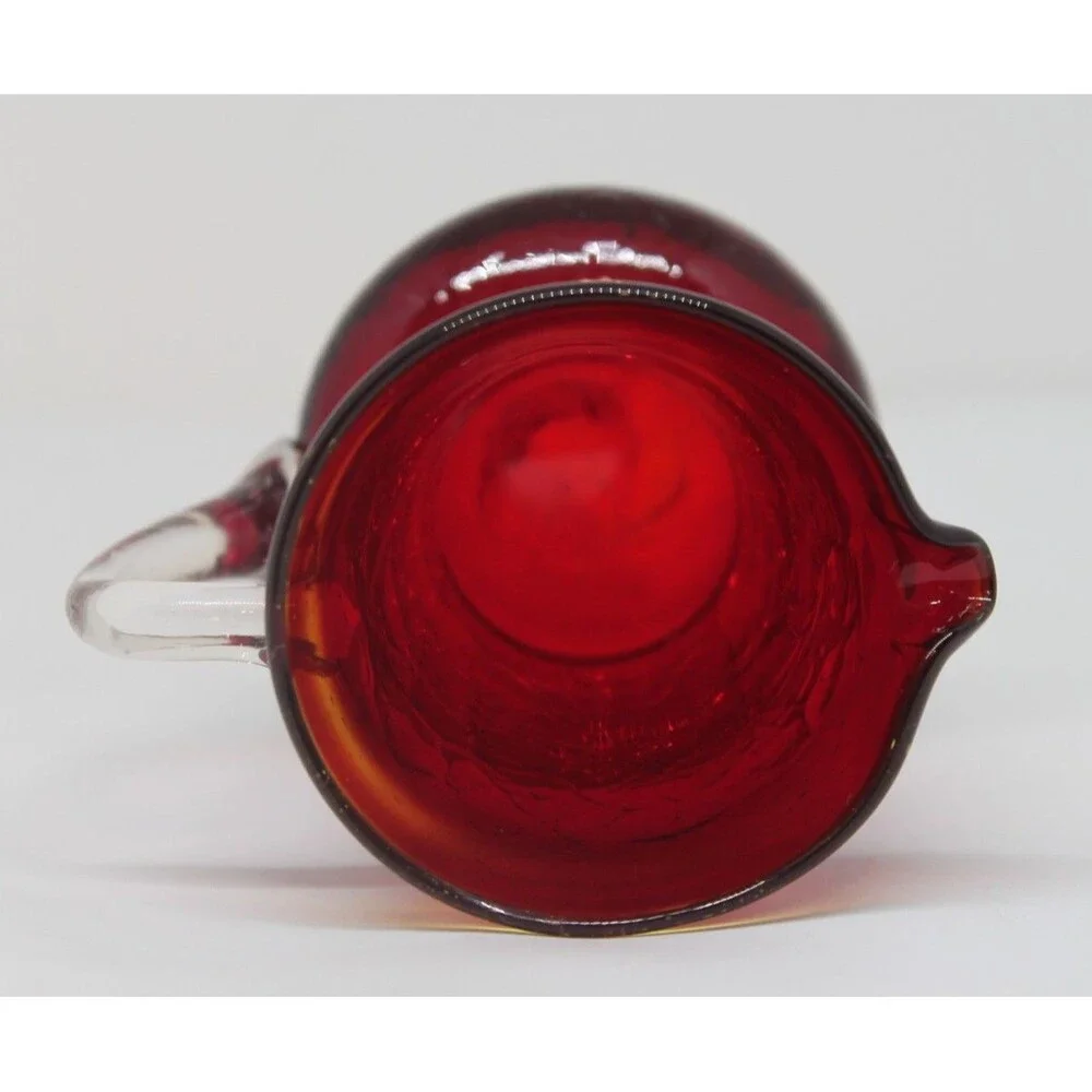 Art Glass Handblown Small Amberina Red Crackle Glass Creamer Pitcher. 3.75